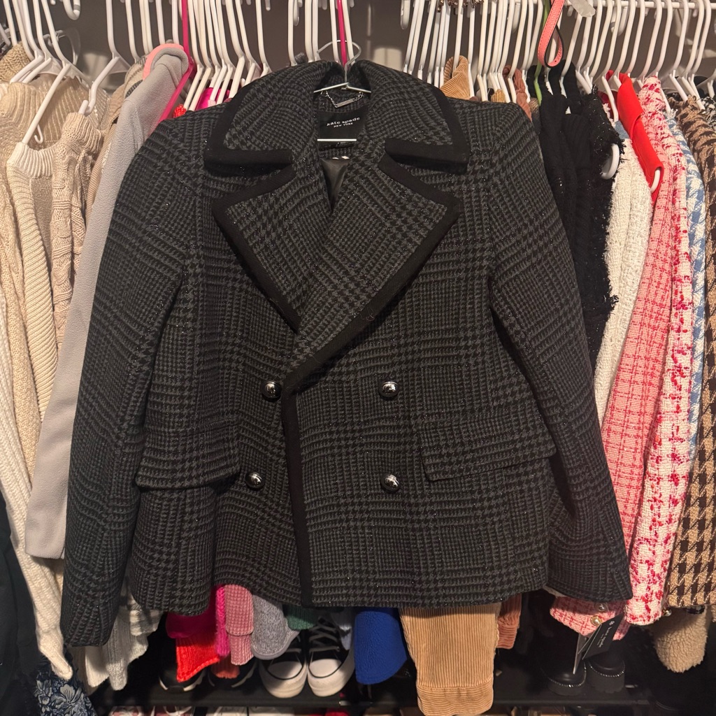 Nwt Kate Spade Sparkle Houndstooth Wool Blend Tweed Coat Pea Coat Small Black